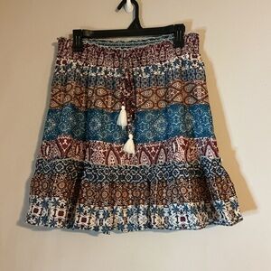 BeachLunchLounge Women Medium Boho Tiered Midi A-Line Skirt Elastic Waist Indie